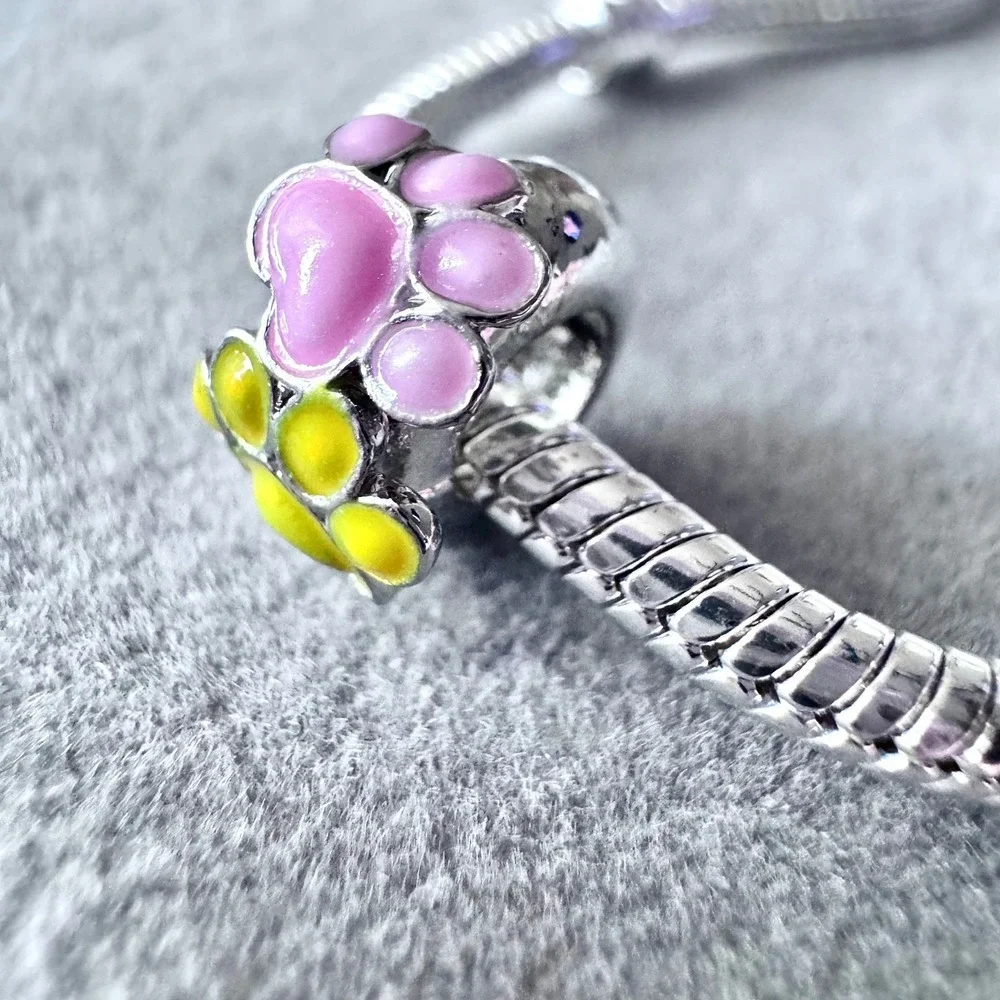 Pink Yellow Paw Print Bead Charm fits PANDORA